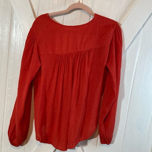 Free People Red Long Sleeve Blouse with Plunge Neckline and Wrap Style - Picture 6 of 11